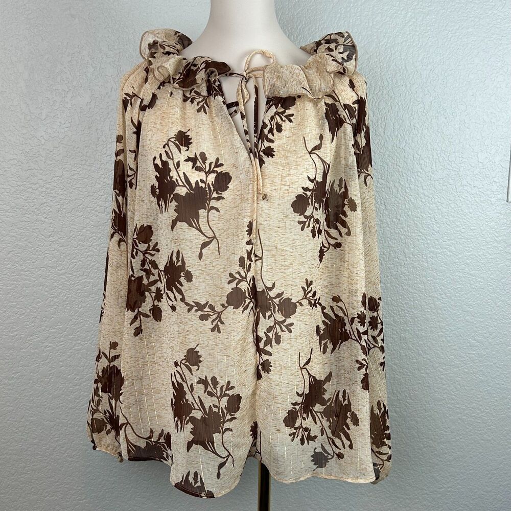 Bucket List Women's Floral Top Blouse Boho Peasant Ruffle Neck Long Sleeve Brown